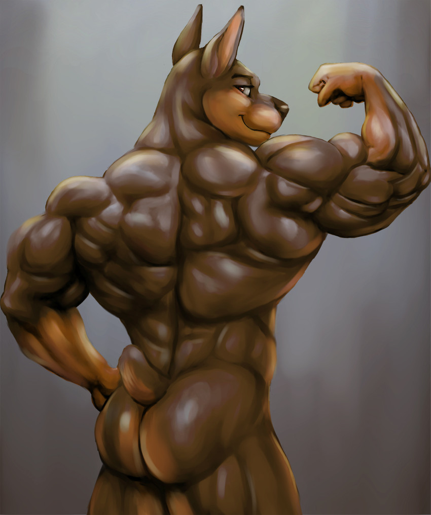 anthro back_muscles biceps big_butt butt flexing looking_at_viewer looking_back looking_back_at_viewer male muscular muscular_anthro muscular_male nude rear_view simple_background smile solo bleakcat canid canine canis dobermann domestic_dog mammal pinscher