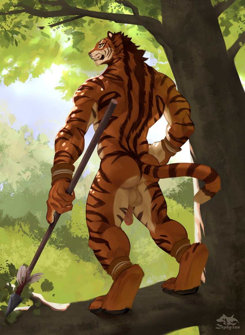 anthro backsack balls black_pawpads digitigrade dreamscape forest fur genitals holding_melee_weapon holding_object holding_polearm holding_spear holding_weapon host looking_at_viewer looking_back looking_back_at_viewer male male_anthro melee_weapon pawpads penis plant polearm solo spear standing striped_body striped_fur stripes tree tribal weapon whiskers yellow_eyes zephyxus harimau_pasir pasir alien felid mammal pantherine tiger 2024 hi_res