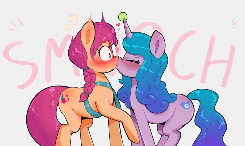 ball black_eyes blue_hair blush duo eyelashes eyes_closed female female/female feral hair heart_eyes heart_symbol hooves horn horn_in_ball hug kiss_on_lips kissing long_hair multicolored_hair orange_body pink_hair puckered_lips purple_body purple_hair raised_hoof satchel simple_background smile smooch_(sound_effect) surprise surprise_kiss surprised_expression tennis_ball tennis_ball_on_horn two_tone_hair unicorn_horn white_background wide_eyed another_pony_(artist) hasbro mlp_g5 my_little_pony mythology izzy_moonbow_(mlp) sunny_starscout_(mlp) earth_pony equid equine horse mammal mythological_creature mythological_equine pony unicorn 2021 digital_media_(artwork) hi_res