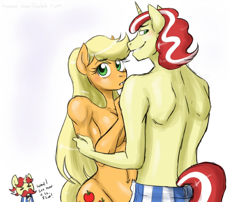 anthro anthrofied blonde_hair bow_(feature) bow_tie breasts cleavage clothed clothing cutie_mark dialogue duo female green_eyes hair horn identical_twins looking_at_viewer looking_back male navel red_hair simple_background text white_background white_hair hasana-chan friendship_is_magic hasbro my_little_pony mythology applejack_(mlp) flam_(mlp) flim_(mlp) earth_pony equid equine horse mammal mythological_creature mythological_equine pony unicorn 2014 english_text hi_res brother_(lore) brothers_(lore) sibling_(lore) twins_(lore)