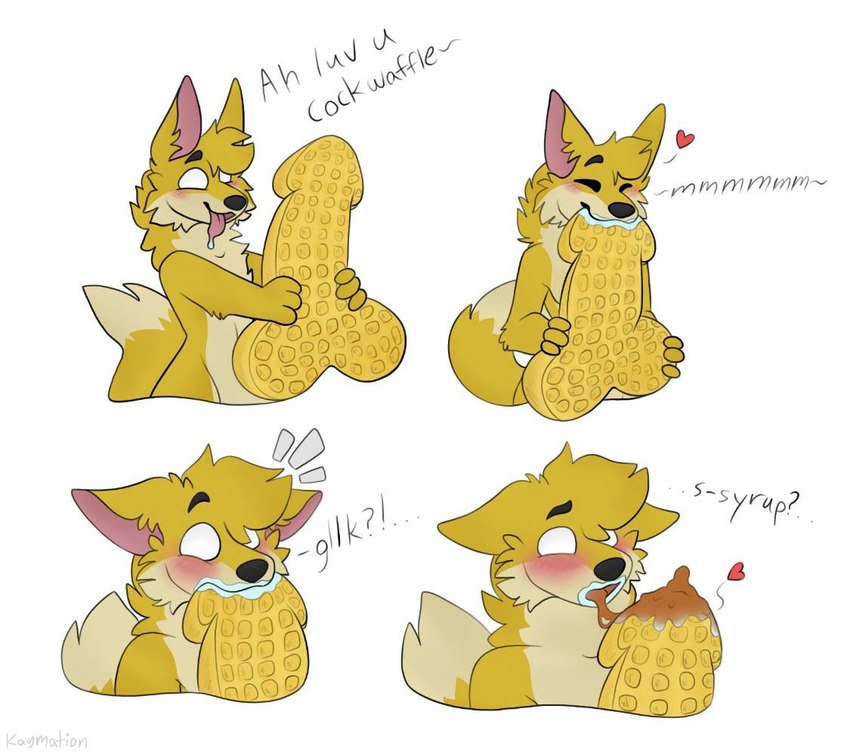 anthro bite blush confusion dipstick_tail eating eating_food food food_fetish food_play happy heart_symbol male markings no_pupils solo sound_effects surprise syrup tail tail_markings tongue tongue_out waffle kaymation cockwaffle fehn_fennec canid canine fennec_fox fox mammal true_fox meme