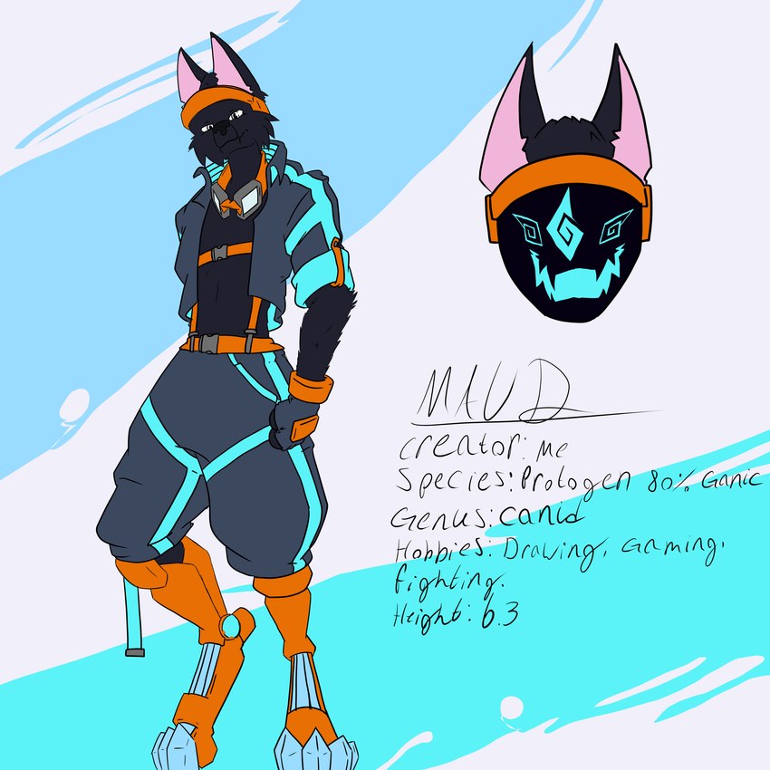 anthro clothing eyewear gloves goggles goggles_around_neck handwear jacket machine male my_oc protogen_face protogen_visor robotic_legs shoulder_holster solo streetwear techwear text topwear biohound protogen 1:1 absurd_res english_text hi_res model_sheet