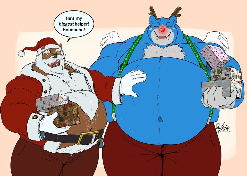 anthro beard belly black_nose blue_body blue_fur bottomwear christmas_clothing christmas_headwear clothing duo eyewear facial_hair fur gift glasses hat headgear headwear holidays humanoid_hands male mature_male moobs mustache navel overweight overweight_male pants red_nose santa_hat deadanthro christmas nintendo oracle_of_ages oracle_of_seasons the_legend_of_zelda moosh santa_claus bear mammal 2020 hi_res