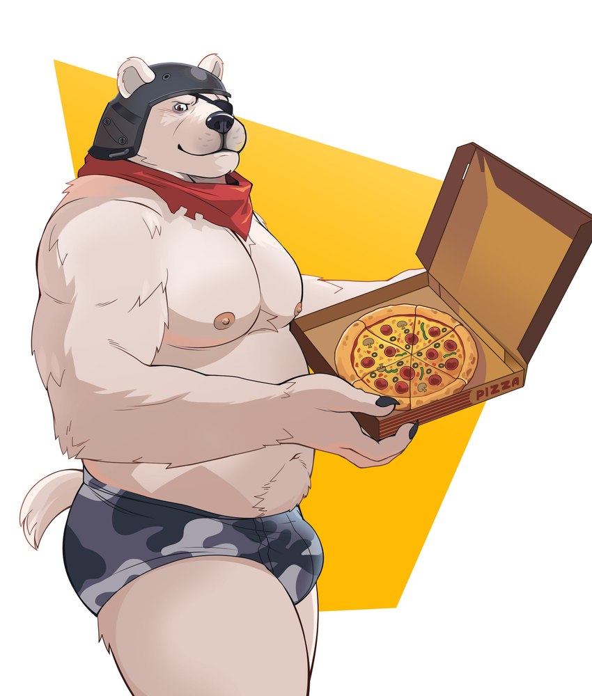 anthro armor briefs bulge clothing eye_patch eyewear food fur headgear helmet humanoid_hands kemono male moobs musclegut muscular nipples pizza simple_background slightly_chubby solo speedo swimwear underwear white_body white_fur naikuma epic_games fortnite polar_patroller bear mammal polar_bear ursine 2023 absurd_res hi_res