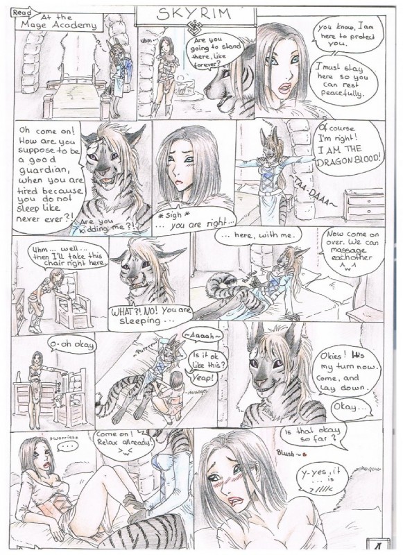 anthro bed blush dialogue duo female female/female flirting furniture human_on_anthro interspecies massage suggestive text shikoyote bethesda_game_studios microsoft skyrim the_elder_scrolls dovahkiin lydia_(skyrim) felid human khajiit mammal colored_pencil_(artwork) english_text engrish hi_res mixed_media pen_(artwork) traditional_media_(artwork)