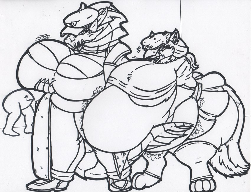 anthro anthro_pred big_breasts biped boots breasts clothing coat digestion duo female female_pred footwear hat headgear headwear shoes topwear vore weight_gain bestia-bellator129 capcom monster_hunter ribbon_(bowhuskers) canid canine canis lagiacrus leviathan_(mh) mammal wolf hi_res line_art