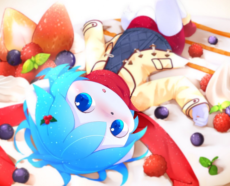 accessory anthro blue_body blue_eyes blue_hair blueberry_(fruit) blush blush_lines bottomwear clothed clothing coat eye_glint food fruit fully_clothed hair hair_accessory hairpin kemono looking_at_viewer lying male on_back open_mouth pancake plant raspberry red_scarf scarf shorts solo strawberry topwear young young_anthro aoino spica_(aoino) canid canine canis domestic_dog mammal hi_res