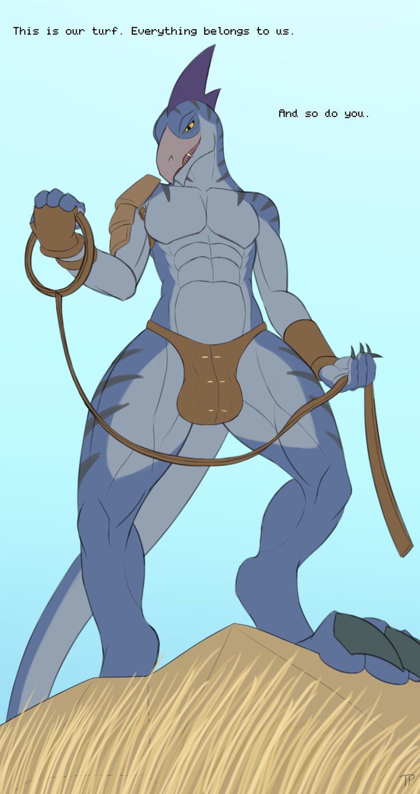 abs anthro armor balls big_balls blue_body bulge claws clothing dialogue featureless_chest genitals holding_leash holding_object leash leather leather_armor male male_anthro markings solo tail talking_to_another text underwear yellow_eyes testowepiwko mythology prowler_(game) reaver_(regalbuster) lizard mythological_creature mythological_scalie reptile scalie absurd_res english_text hi_res