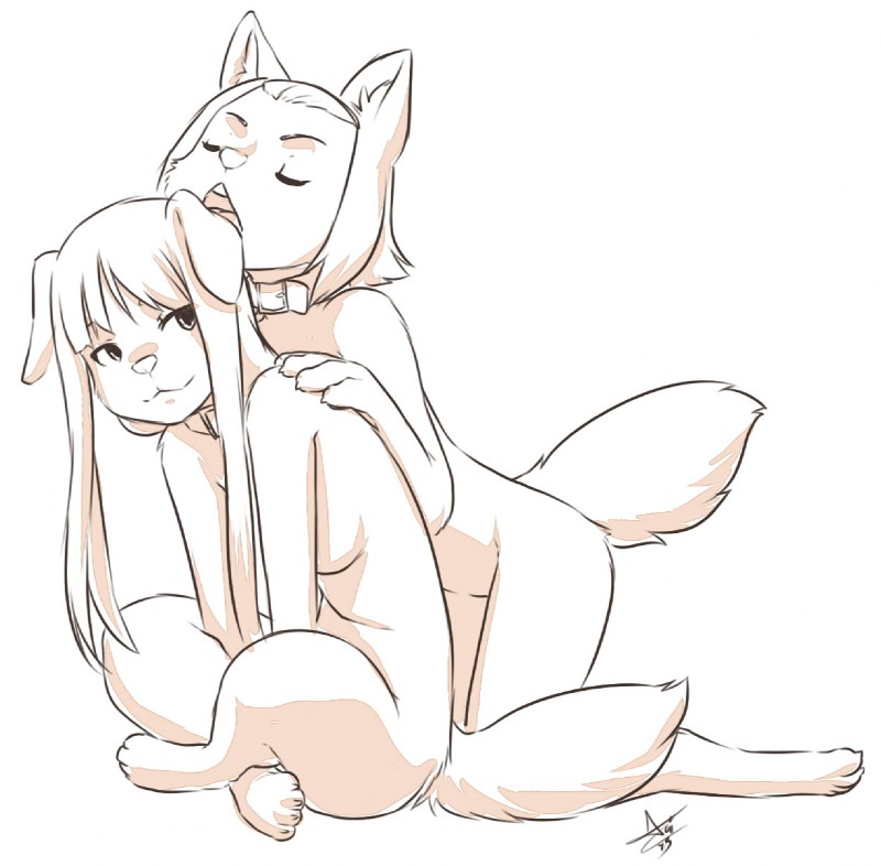 anthro breasts collar duo eyes_closed female hair kneeling licking long_hair nude open_mouth side_boob sitting tongue tongue_out transformation young young_anthro young_female aogami k-on! ritsu_tainaka tsumugi_kotobuki canid canine canis domestic_dog mammal 2015 hi_res monochrome