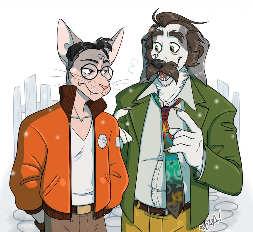 alternate_species anthro duo eyewear facial_hair fur furrification glasses hairless male mustache round_glasses snow white_body white_fur ozimono disco_elysium harrier_du_bois kim_kitsuragi bearded_collie canid canine canis domestic_cat domestic_dog felid feline felis hairless_cat herding_dog mammal pastoral_dog sphynx_(cat) digital_drawing_(artwork) digital_media_(artwork)