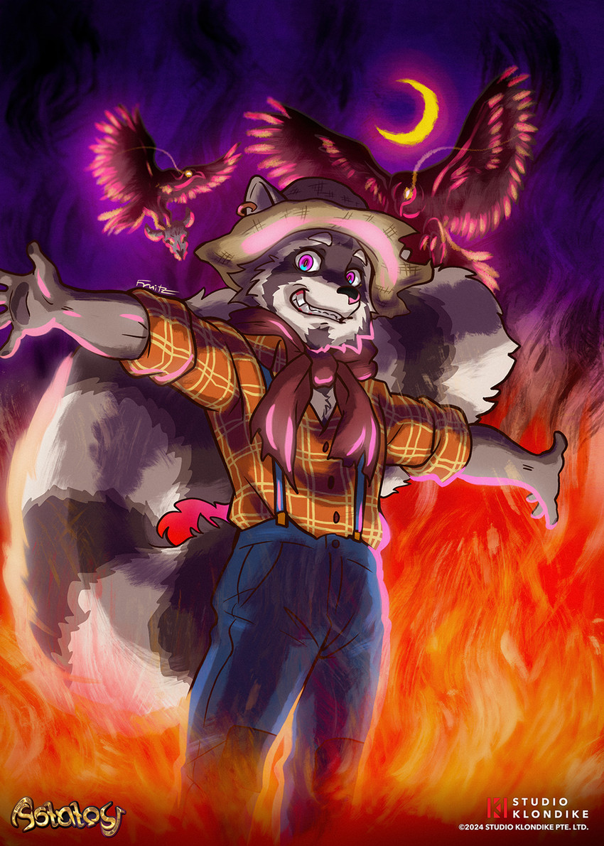 5_fingers ambiguous_gender anthro biped bone clothed clothing ear_piercing ear_ring eyebrows feathered_wings feathers feral fingers fire fur glowing glowing_eyes group hat headgear headwear male moon piercing ring_piercing scarecrow skull spread_arms straw_hat tail trio wings fruitz astatos studio_klondike lysander_(astatos) avian bird corvid corvus_(genus) crow mammal oscine passerine procyonid raccoon 2024 absurd_res hi_res