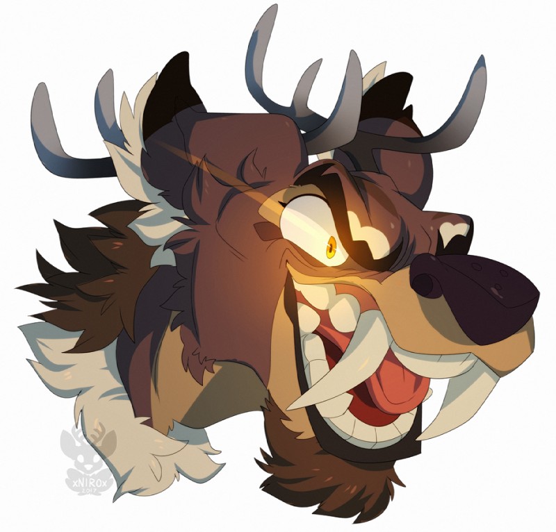 anthro antlers facial_hair fangs glowing glowing_eyes horn male open_mouth simple_background solo teeth tongue white_background yellow_eyes conditional_dnp xnirox ragnar_(xnirox) deer mammal signature