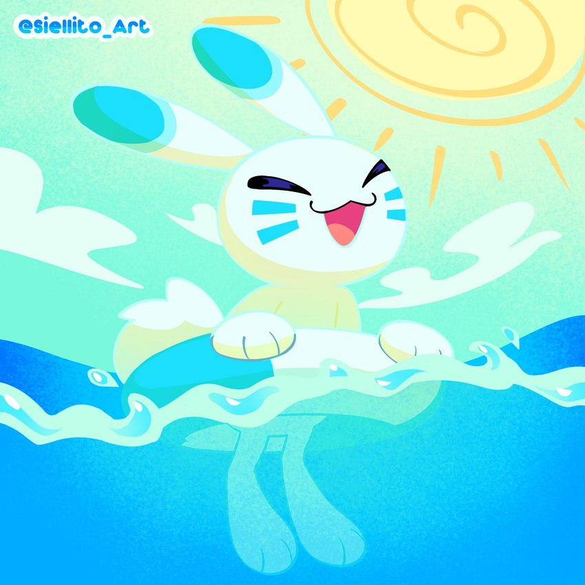 3_fingers 3_toes ambiguous_gender anthro blue_body blue_fur cloud eyes_closed feet fingers fur happy open_mouth sea sky solo sun swimming tail toes water white_body white_fur siellito_art 2024_pokemon_gigaleak beta_pokemon_games nintendo pokemon beta_pokemon_(species) lagomorph mammal warabbit 1:1 2024 absurd_res english_description hi_res signature