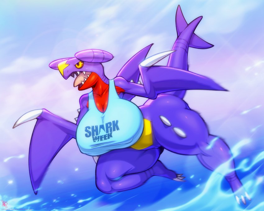 anthro big_breasts bottomless breasts clothed clothing female genitals open_mouth pokemorph pussy realistic_wings shirt solo tail tank_top text text_on_clothing text_on_topwear thick_thighs topwear water winged_arms wings walter_sache discovery_channel nintendo pokemon shark_week garchomp generation_4_pokemon pokemon_(species) absurd_res english_text hi_res meme