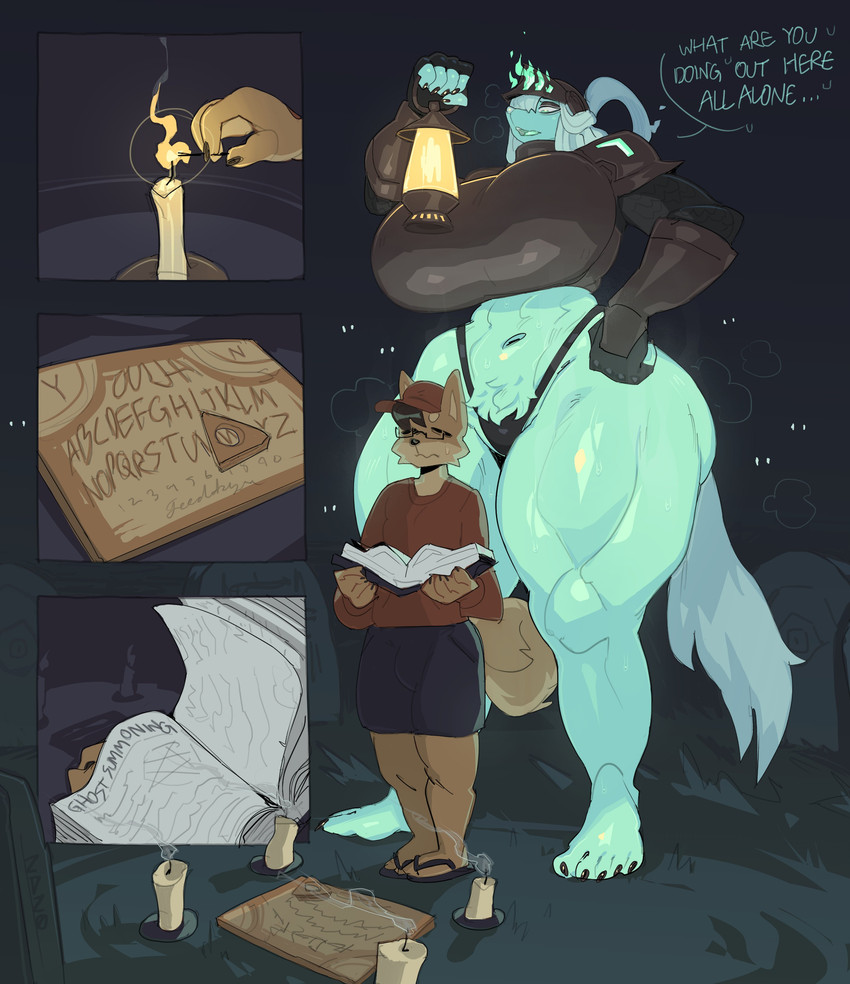 5_toes anthro armor barefoot big_breasts bodily_fluids book bottomless breasts candle clothed clothing dialogue feet female huge_breasts lamp lantern larger_female male midriff ouija_board size_difference sweat text thick_thighs thong toes underwear nanokindred warden_(nanokindred) canid canine canis domestic_dog ghost mammal spirit absurd_res comic english_text hi_res