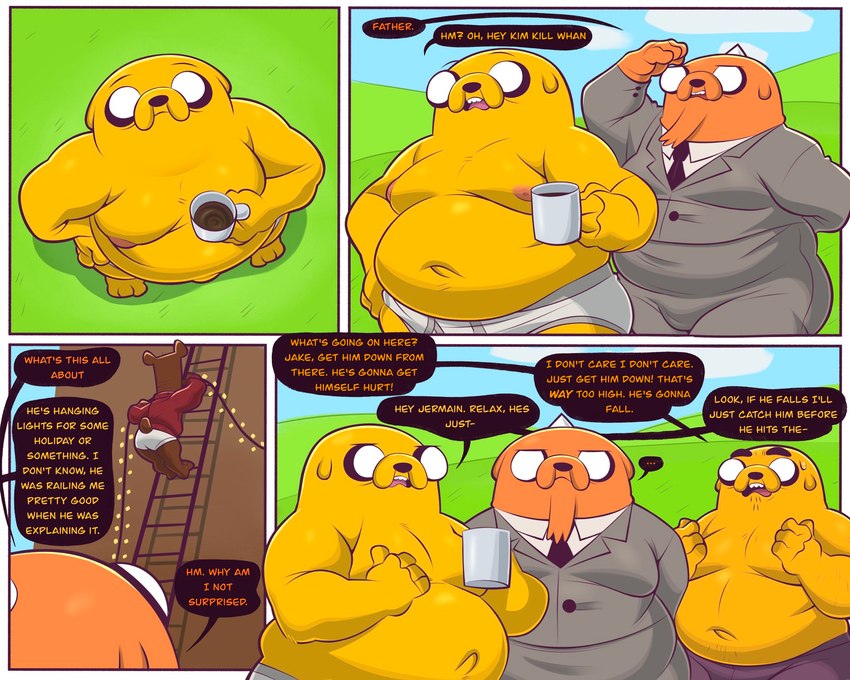 anthro black_speech_bubble clothing coffee_mug color_coded_text dialogue fur ladder male moobs nipples orange_body orange_fur orange_text outside overweight pink_nipples text underwear yellow_body yellow_fur yellow_text trashtoonz adventure_time cartoon_network jake_the_dog jermaine_the_dog kim_kil_whan trashtoonz_(character) bear canid canine canis domestic_dog hybrid mammal rainicorn comic english_text hi_res father_(lore) father_and_child_(lore) father_and_son_(lore) parent_(lore) parent_and_child_(lore) parent_and_son_(lore) son_(lore)