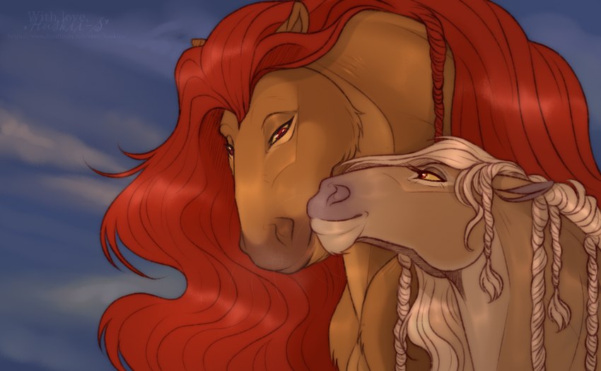 braided_hair closed_smile duo female feral fur hair male mane mouth_closed narrowed_eyes orange_body orange_fur red_eyes red_mane slight_smile smile tan_mane huskii-s disney the_lion_king mufasa sarabi_(the_lion_king) equid equine horse mammal hi_res signature