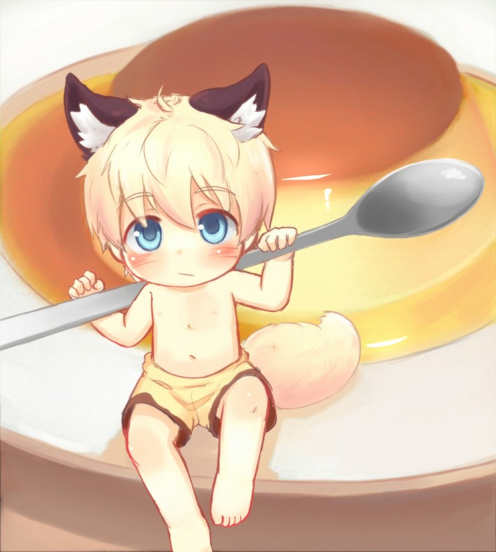 blue_eyes blush bulge cutlery kitchen_utensils looking_at_viewer male plate sitting solo spoon tools young bokustar_fox animal_humanoid canid canid_humanoid canine canine_humanoid fox_humanoid humanoid mammal mammal_humanoid 2017 hi_res