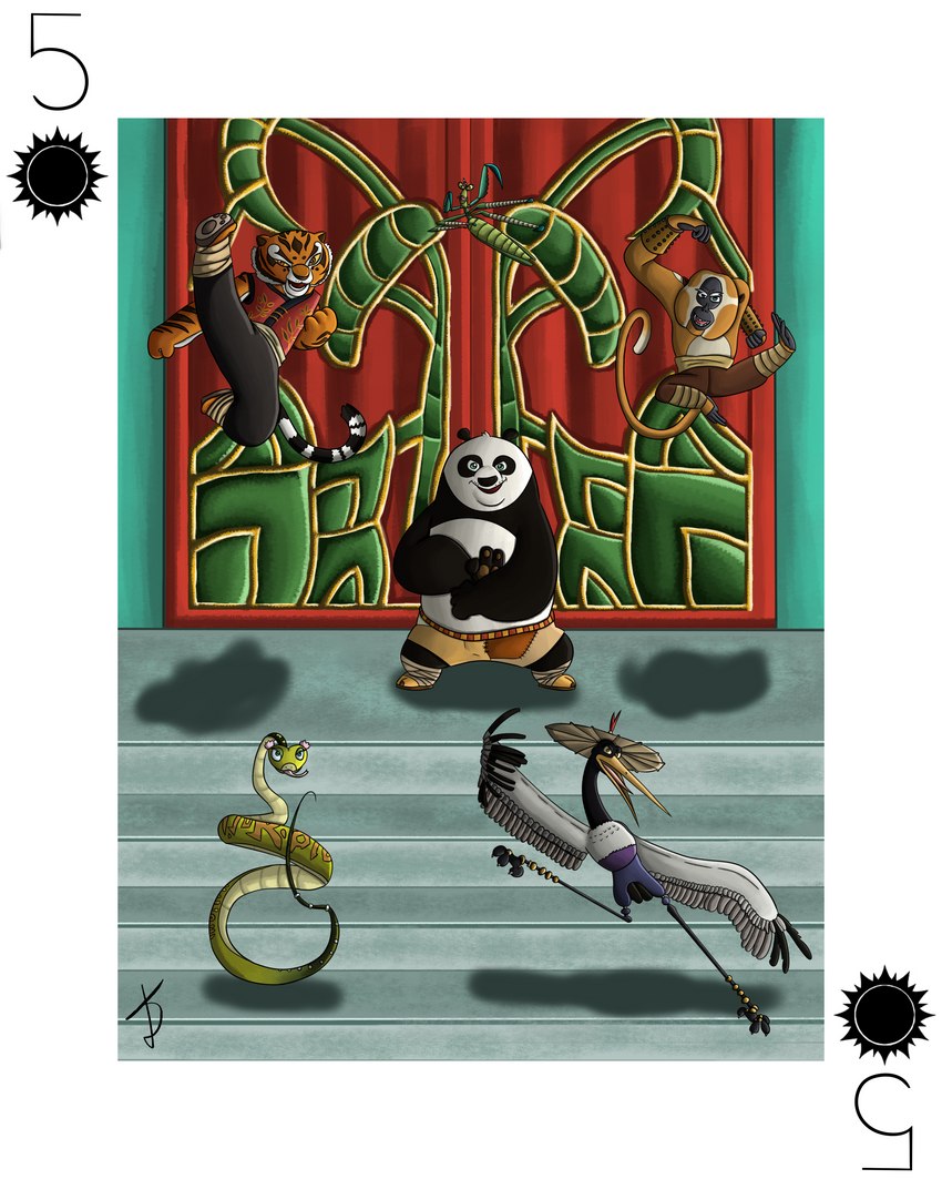 anthro card card_template custom_cards female group jade_palace male playing_card playing_card_template shiromon999 dreamworks kung_fu_panda master_crane master_mantis master_monkey master_po_ping master_tigress master_viper arthropod avian bear bird black-necked_crane crane_(bird) felid giant_panda golden_snub-nosed_monkey gruiform grus_(genus) haplorhine insect mammal mantis monkey old_world_monkey pantherine primate reptile scalie snake snub-nosed_monkey tiger viper 4:5 absurd_res hi_res