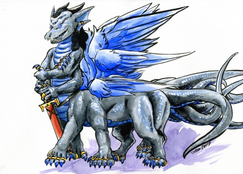 ambiguous_gender horn melee_weapon multi_arm multi_eye multi_leg multi_limb multi_tail multi_wing multifur polydactyly ring solo sword tail thick_tail weapon wings cervelet mythology drognarus dragon dragon_taur mythological_creature mythological_scalie scalie taur