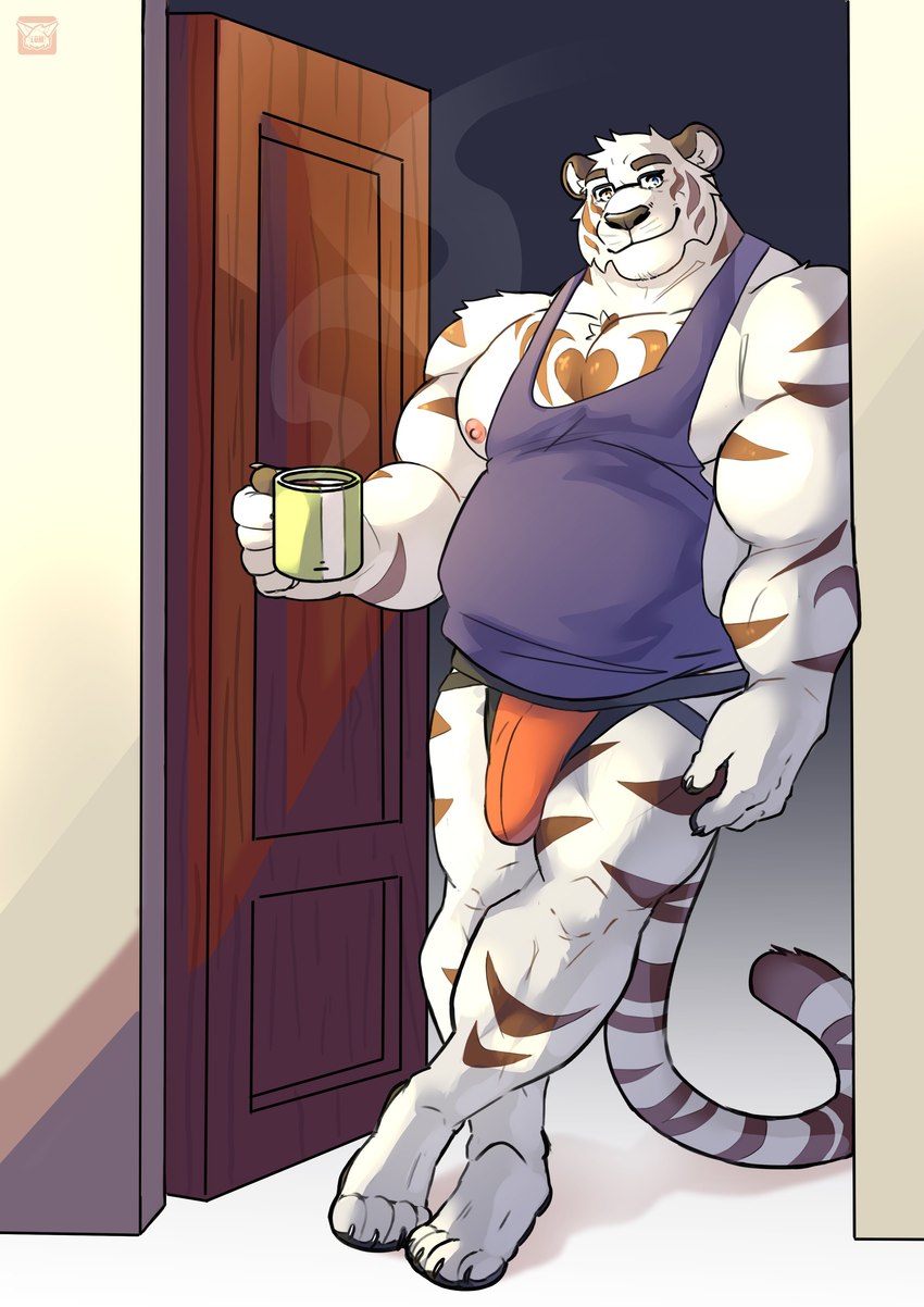 anthro belly biceps biped bulge clothing coffee_mug crossed_legs deltoids detailed_bulge door doorway eyewear genital_outline glasses heart_symbol heterochromia in_doorway inside jockstrap leaning looking_at_viewer male male_anthro manly musclegut muscular nipples orange_clothing orange_jockstrap orange_underwear pecs penis_outline pubes purple_clothing purple_shirt purple_tank_top purple_topwear shirt slightly_chubby smile smiling_at_viewer solo steam tank_top topwear triceps underwear lomlynx felid mammal pantherine tiger 2024 absurd_res hi_res