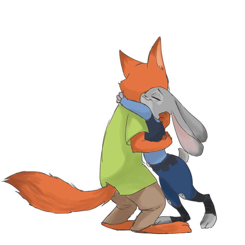 anthro bottomwear clothing duo eyes_closed female fur grey_body grey_fur hug male orange_body orange_fur pants police police_uniform shirt simple_background smile standing toeless_legwear topwear uniform white_background chu_twst disney zootopia judy_hopps nick_wilde canid canine fox lagomorph leporid mammal rabbit red_fox true_fox 1:1 hi_res