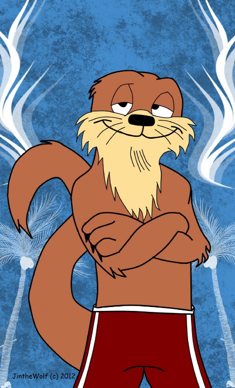 abstract_background anthro black_eyes black_nose brown_body brown_fur claws clothed clothing crossed_arms front_view fur looking_at_viewer male raised_arm smile solo toony topless whiskers jinthewolf animalympics dean_wilson mammal mustelid otter 2012 flat_colors hi_res