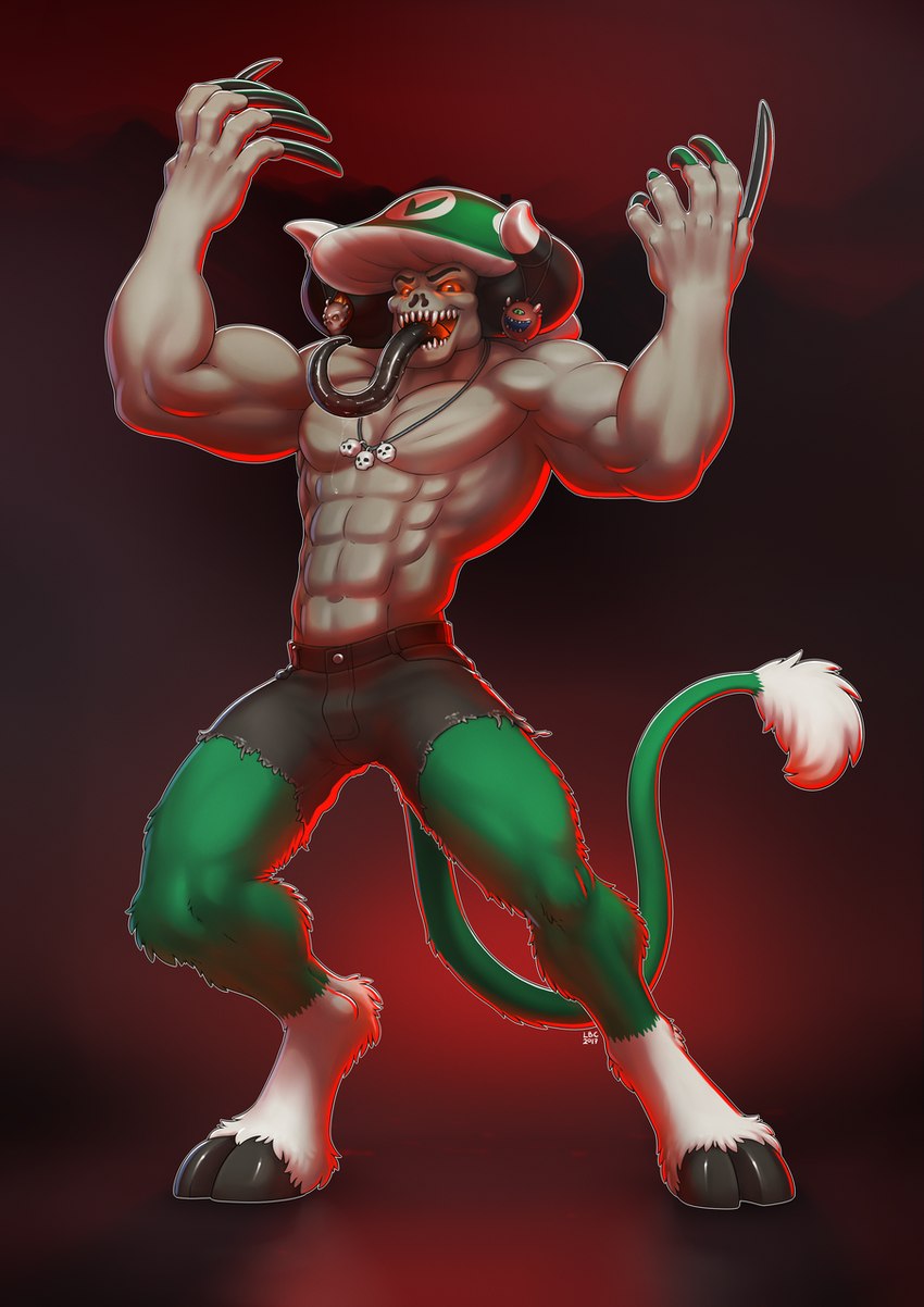 bottomwear bovine_tail claws clothed clothing fungus fur green_body green_fur grey_body hooves horn long_claws long_tongue male muscular muscular_humanoid muscular_male mushroom mushroom_cap open_mouth pose red_eyes shorts simple_background solo tail teeth tongue tongue_out topless unguligrade vargshroom vineshroom longblueclaw doom_(series) european_mythology greek_mythology id_software microsoft mythology vinesauce bovid bovine cacodemon humanoid mammal minotaur 2017 digital_media_(artwork) full-length_portrait hi_res portrait