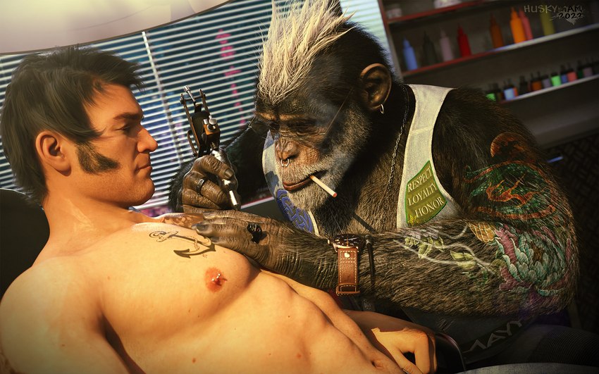 anthro chest_tattoo duo fur male male/male mature_anthro mature_male piercing semi-anthro tattoo tattooing huskyman24 ape chimpanzee haplorhine human mammal pan_(genus) primate 16:10 3d_(artwork) digital_media_(artwork) hi_res widescreen