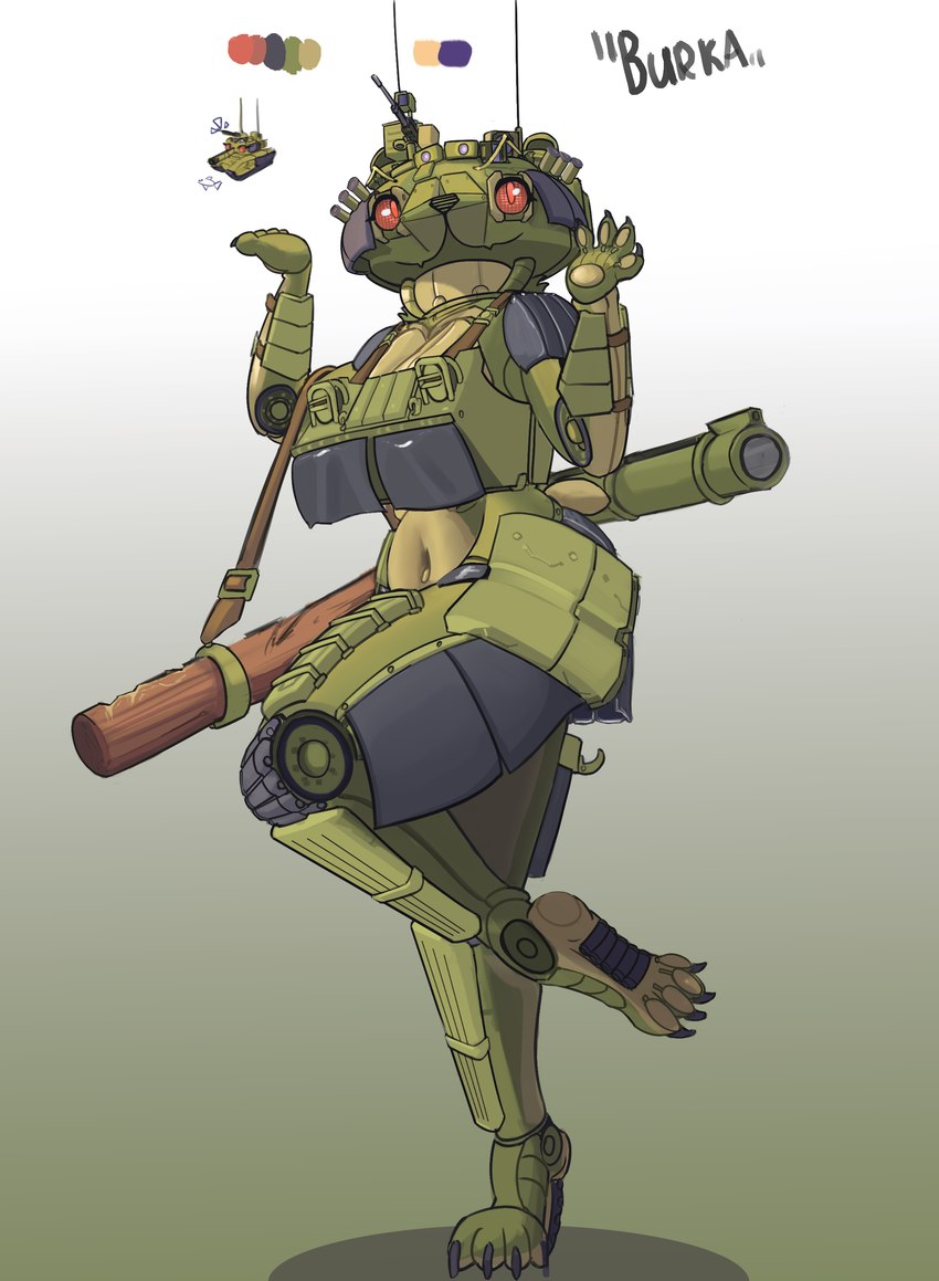 armor armor_plates armored_vest bottomwear clothing green_body machine red_eyes skirt tank_(vehicle) thick_thighs vehicle killka burka_(a12) humanoid living_machine living_tank living_vehicle absurd_res hi_res