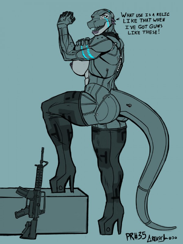 abs anthro ar-15 assault_rifle bald biceps big_breasts biped boots breasts butt clothed clothing collar colt_733 dialogue female flexing footwear gun hand_on_arm high_heeled_boots high_heels horn legwear lips looking_at_viewer machine mostly_nude muscular muscular_anthro muscular_female nipples non-mammal_breasts open_mouth platform_footwear platform_heels pose proud ranged_weapon rifle shoes simple_background solo standing step_pose stoner_rifle tattoo teeth text thick_lips thick_thighs thigh_boots thigh_highs tongue weapon greasymojo viktura_(beyxer) android reptile robot scalie trenco 2018 3:4 digital_media_(artwork) english_text full-length_portrait hi_res pinup portrait