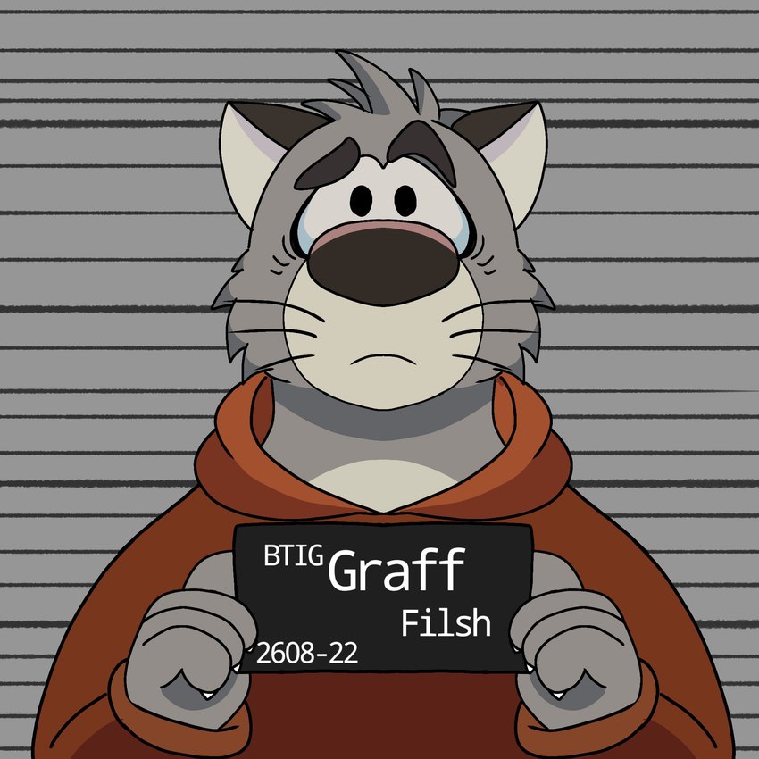 4_fingers anthro biped clothing fingers grey_body hoodie humanoid_hands solo topwear worried vleid_naomon barbie_and_ken_mugshot_meme brok_the_investigator cowcat_games graff_filsh domestic_cat felid feline felis mammal 1:1 2023 hi_res portrait