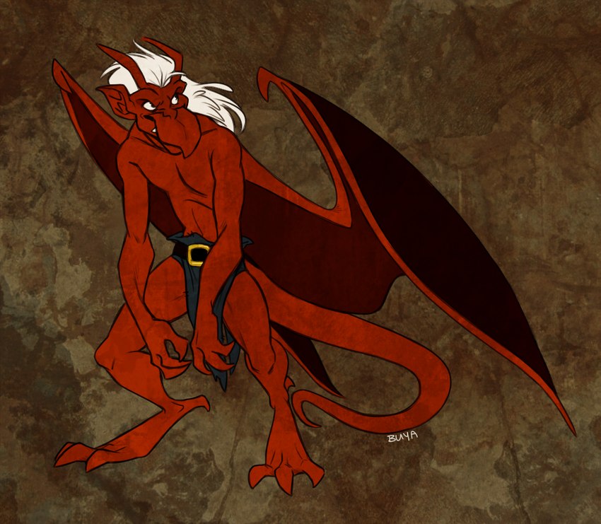 anthro belt bottomwear clothed clothing featureless_chest hair horn humanoid_pointy_ears loincloth loincloth_only male pointy_ears red_body solo tail topless white_hair wings buyakasha disney gargoyles brooklyn_(gargoyles) gargoyle scalie