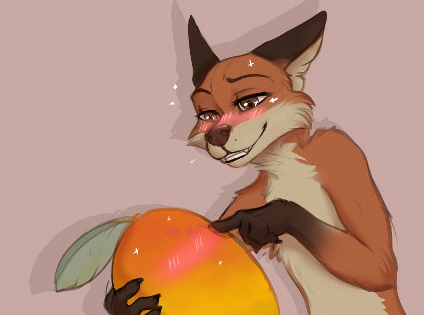 anthro blush brown_body brown_fur cheek_tuft countershade_torso countershading facial_tuft food fruit fur gloves_(marking) grin mango_(fruit) markings plant simple_background smile solo sparkles tuft yshanii canid canine fox mammal 2021 digital_media_(artwork) hi_res shaded