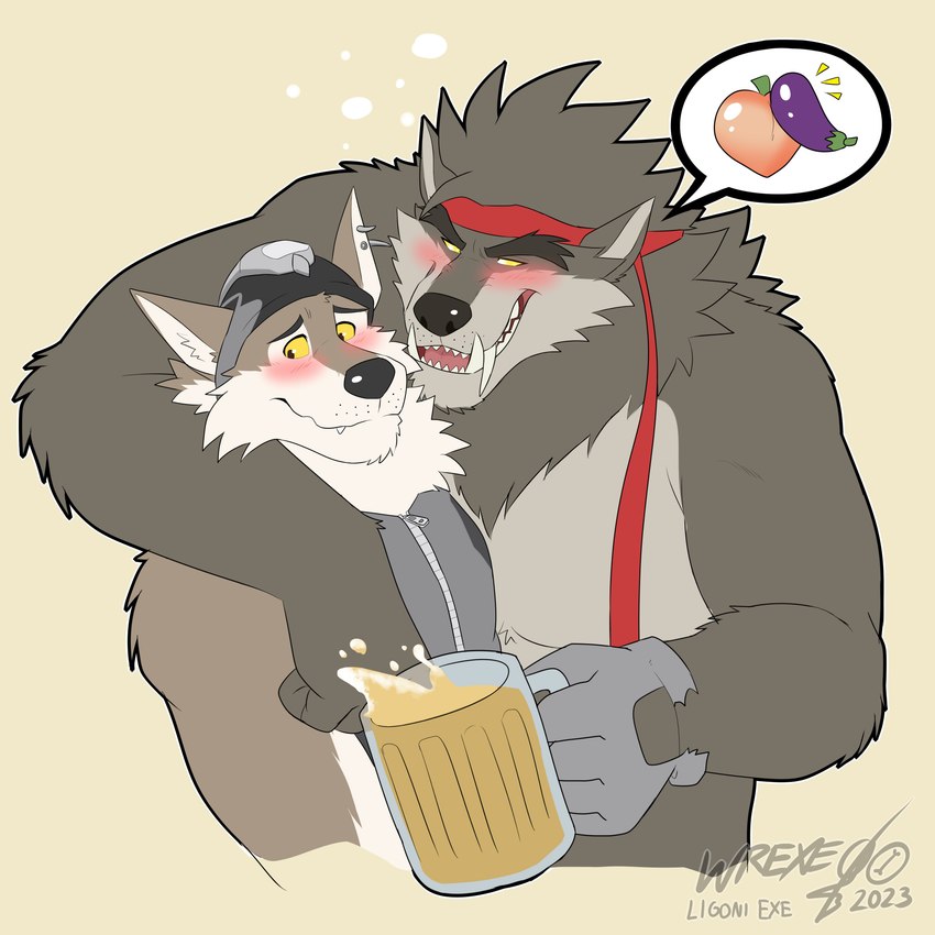 anthro beverage biped blush bubble drunk drunk_bubble duo eggplant food fruit fur grey_body grey_fur holding_beer holding_beverage holding_object male male/male multicolored_body multicolored_fur peach_(fruit) plant simple_background substance_intoxication white_body white_fur yellow_background yellow_eyes ligoni epic_games fortnite mythology dire_(fortnite) wendell_(fortnite) canid canine canis mammal mythological_canine mythological_creature werecanid werecanine werecreature werewolf wolf 1:1 2023 absurd_res digital_media_(artwork) hi_res