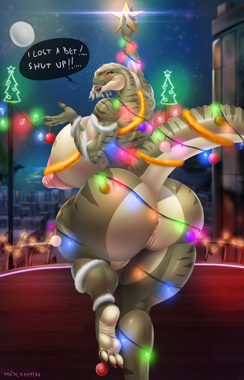 3_toes angry anthro anus big_breasts big_butt blonde_hair blush braided_hair breasts butt christmas_lights curvy_anthro curvy_female curvy_figure feet female genitals hair holidays hourglass_figure hourglass_figured_anthro hourglass_figured_female huge_breasts huge_butt lips looking_at_viewer makeup muscular muscular_female muscular_thighs night nude outdoor_nudity outside pussy raised_tail soles solo stripes tail thick_lips thick_thighs toes wide_hipped_anthro wide_hipped_female wide_hips mrxrayfire christmas tyra_(mrxrayfire) dinosaur prehistoric_species reptile scalie theropod tyrannosaurid tyrannosauroid tyrannosaurus tyrannosaurus_rex absurd_res hi_res