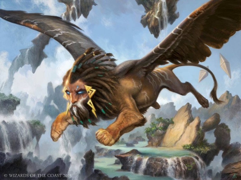 dreadlocks feathered_wings feathers feral flying landscape male quadruped solo spread_wings water waterfall wings zack_stella hasbro magic:_the_gathering mythology wizards_of_the_coast felid mammal mythological_creature mythological_sphinx official_art signature