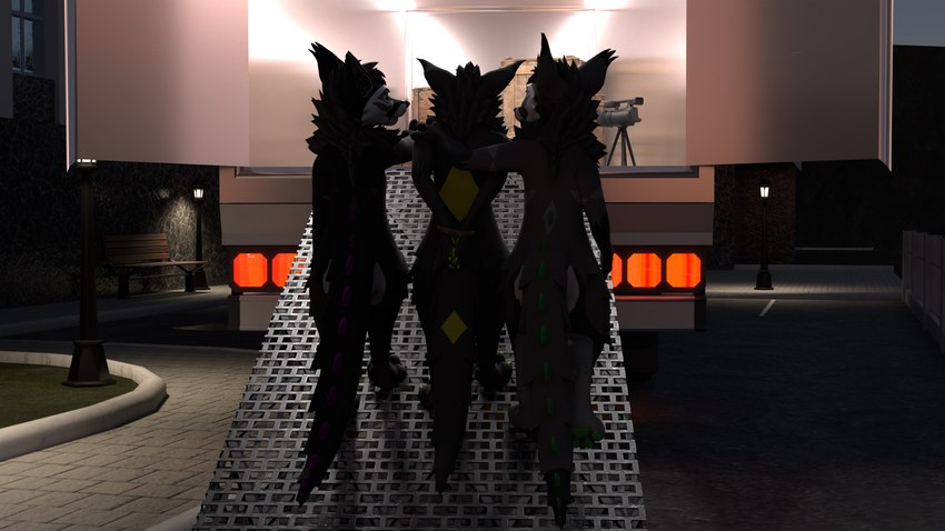 anthro bound camera caught_in_the_act city eye_contact gesture group hair hand_gesture hand_on_shoulder hands_tied light looking_at_another looking_down male pointing ramp rope sky trio tripod truck vrchat_model softdiamond_(artist) blender_cycles softdiamond canid canine canis freakhound mammal wolf 16:9 3d_(artwork) 4k absurd_res blender_(artwork) digital_media_(artwork) hi_res lighting widescreen