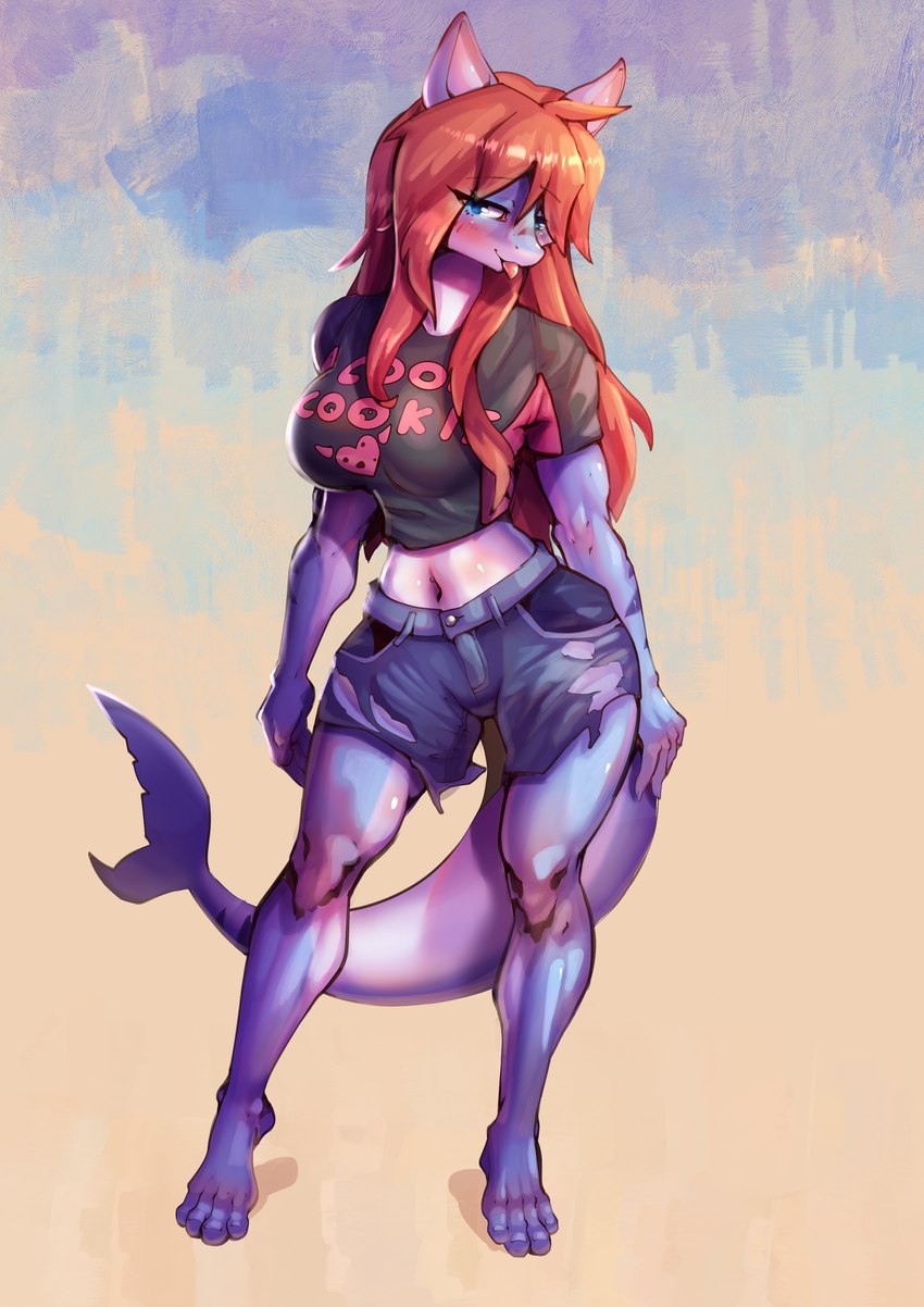 anthro clothing crop_top denim female hair looking_at_viewer mischievous mischievous_smile red_hair shirt standing topwear smolspearrow fish great_white_shark mackerel_shark marine shark white_shark absurd_res hi_res