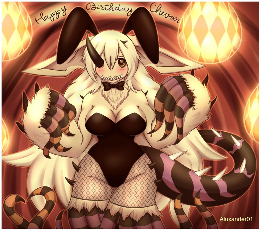 1_eye abstract_background anthro big_breasts blush bow_(feature) bow_in_front bow_tie breasts bunny_costume clothing costume female fishnet_clothing fishnet_legwear fur fur_tuft hair heart_symbol horn lamp lantern legwear long_ears long_hair looking_at_viewer playboy_outfit red_background sharp_teeth simple_background skinny smile smiling_at_viewer solo teeth tentacle_hands tentacle_legs tentacle_limbs tentacles text thick_thighs tuft white_body white_fur white_hair aluxander01 pandemonium_wizard_village kobolgarde_(pandemonium_wizard_village) hybrid lagomorph leporid mammal monster_tail rabbit tentacle_creature english_text