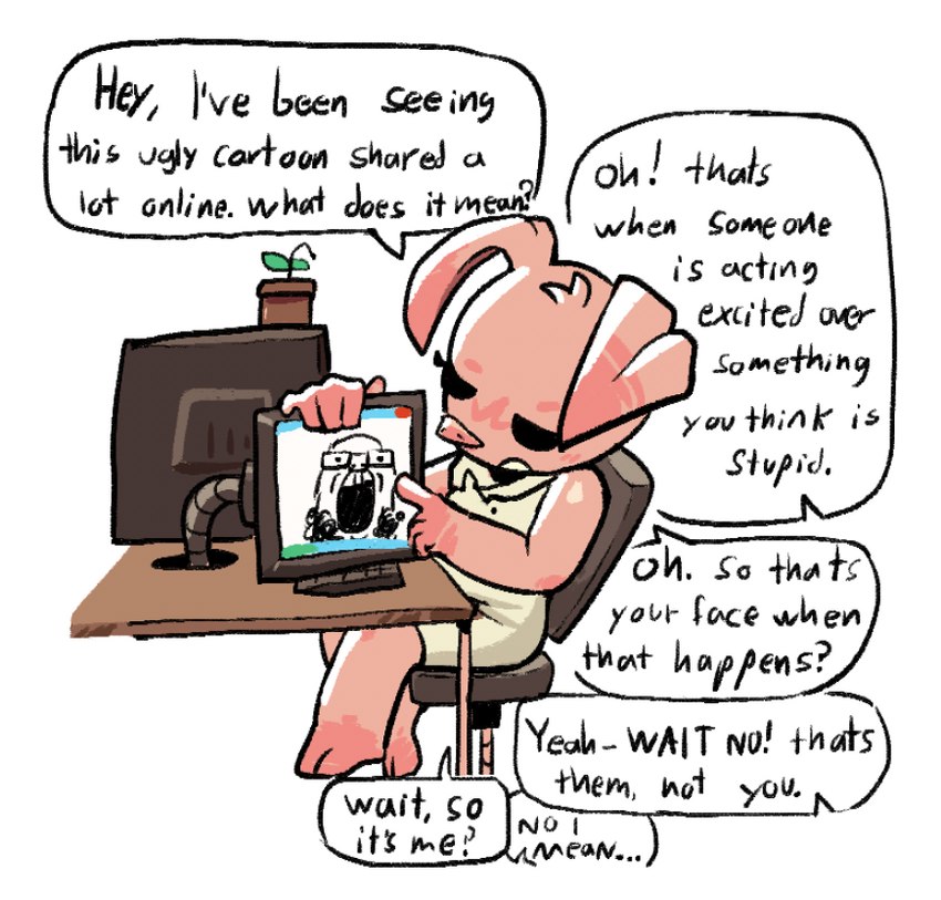 anthro black_eyes chair computer dialogue electronics female furniture office_chair pink_body pink_skin simple_background sitting solo text white_background lilmoonie soyjak markiplier markiplier_soyjak oinky_(lilmoonie) wojak domestic_pig mammal suid suina sus_(pig) 2023 english_text