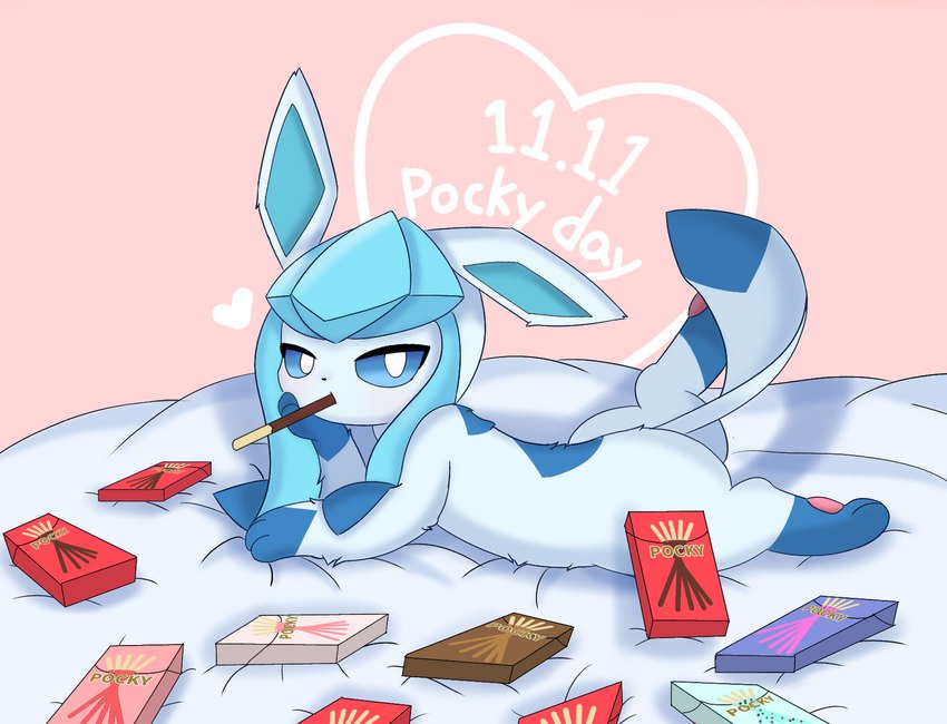 ambiguous_gender bed feral food furniture heart_symbol lying on_bed on_front pocky_in_mouth semi-anthro simple_background solo sploot rael nintendo pocky pokemon eeveelution generation_4_pokemon glaceon pokemon_(species) hi_res