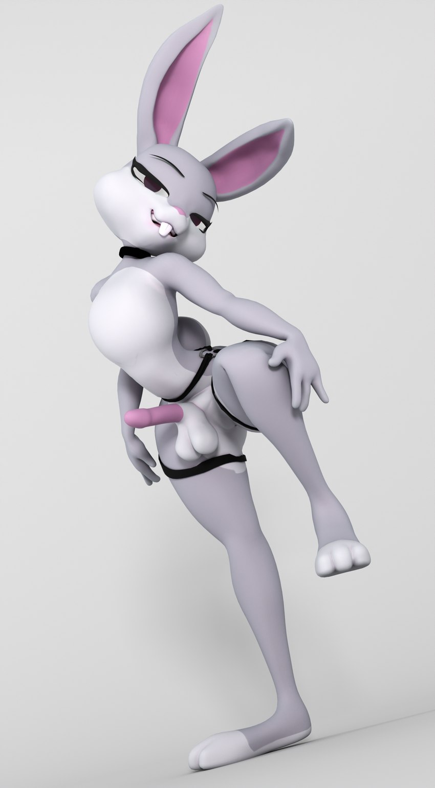 3donemore anthro choker femboy genitals harness jewelry male necklace penis pose solo stretching the_golden_stallion looney_tunes warner_brothers bugs_bunny lagomorph leporid mammal rabbit absurd_res hi_res