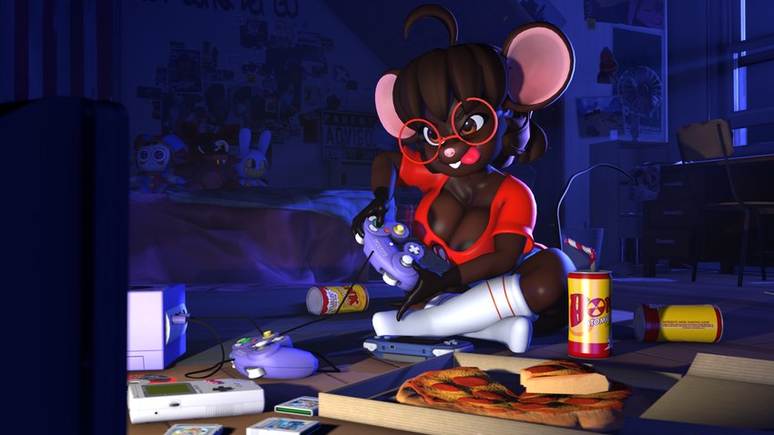 anthro areola beverage big_breasts big_butt breasts brown_body brown_fur brown_hair butt clothed clothing container controller crossed_legs electronics eyewear female focusing food fur game_controller gaming glasses hair huge_breasts night pizza pizza_box shirt sitting sitting_on_ground smile solo tail television thick_thighs tight_clothing tight_shirt tight_topwear tongue tongue_out topwear xolotl_59 five_nights_at_freddy's gamecube glitch_productions gwen_geek nintendo scottgames the_amazing_digital_circus foxy_(fnaf) gwen_martin jax_(tadc) pomni_(tadc) humanoid mammal mouse murid murine rodent 16:9 2024 3d_(artwork) absurd_res digital_media_(artwork) hi_res huge_filesize source_filmmaker_(artwork) widescreen