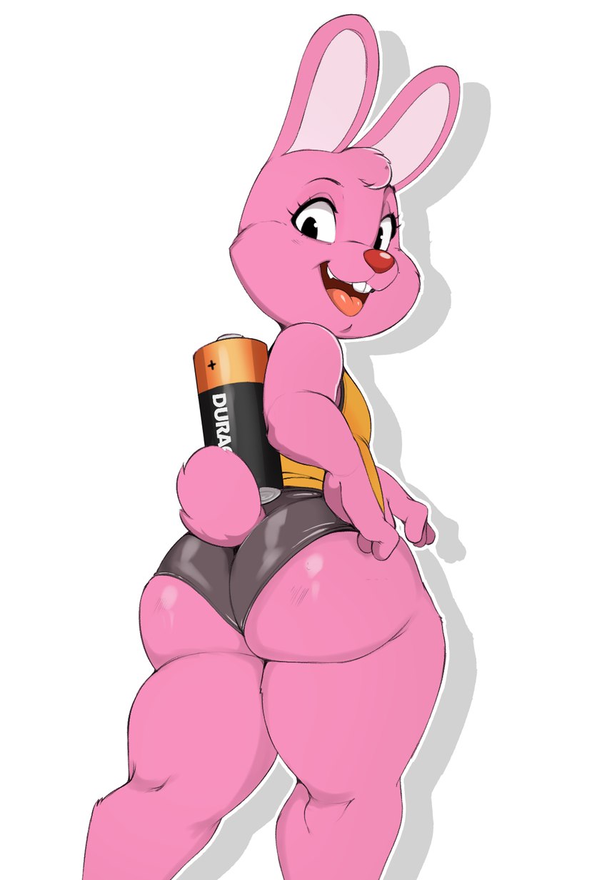 4_fingers anthro battery big_butt biped black_bottomwear black_clothing bottomwear buckteeth butt clothing eyelashes femboy fingers fur glistening glistening_butt head_tuft hotpants looking_at_viewer looking_back male male_anthro open_mouth pink_body pink_fur red_nose shorts simple_background smile solo standing teeth thick_thighs topwear tuft white_background wide_hips yellow_clothing yellow_topwear usnarbit duracell duracell_bunny lagomorph leporid mammal rabbit 2021 digital_media_(artwork) hi_res shaded simple_shading