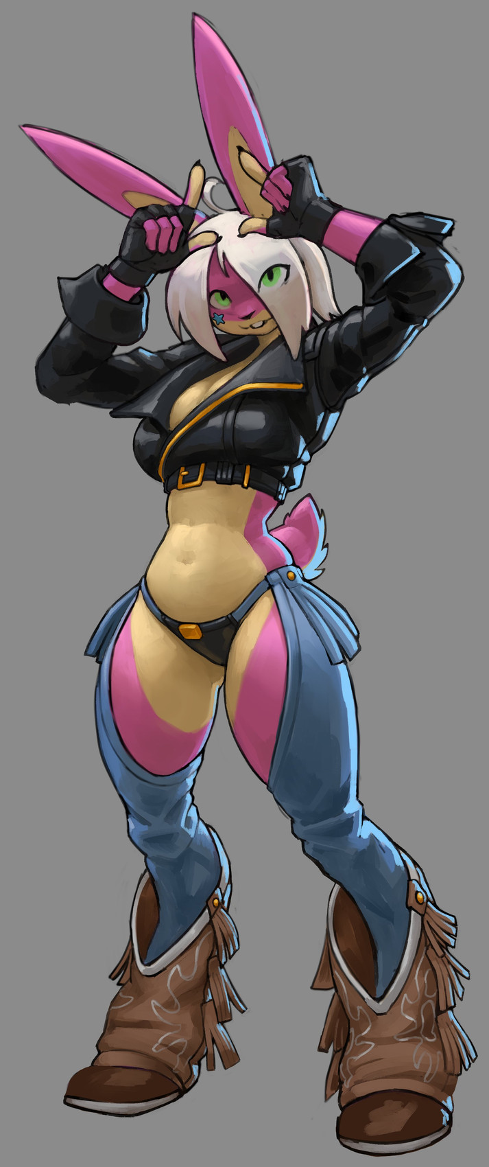 boots chaps clothed clothing cosplay cowboy_boots eye_through_hair female fighters footwear fully_clothed fur green_eyes hair king midriff multicolored_body multicolored_fur navel panties royalty shoes solo translucent translucent_hair underwear white_hair mootsider king_of_fighters sega angel_(king_of_fighters) humanoid lagomorph leporid mammal rabbit absurd_res hi_res