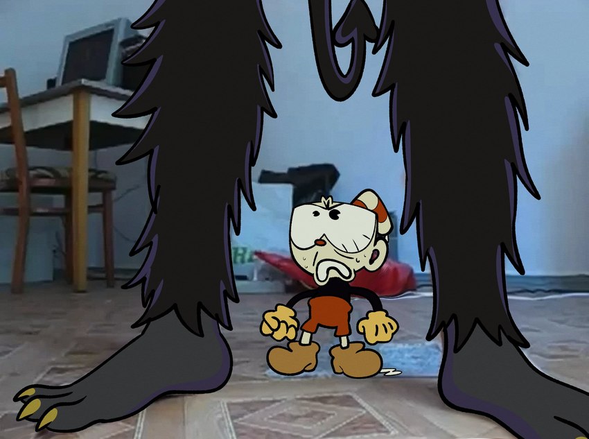 3_toes black_body black_fur bodily_fluids cursed_image duo feet frown fur humor imminent_anal larger_male male parody screencap size_difference smaller_male spade_tail standing sweat tail toes worried mahmapuu 1man1jar cuphead_(game) cuphead_(character) the_devil_(cuphead) animate_inanimate demon humanoid 2022 hi_res meme