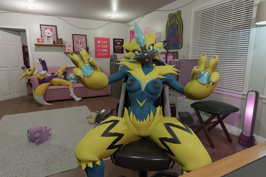 warfare renamon, warfare zeraora, and zoroark (bandai namco and etc) created by mikiyani