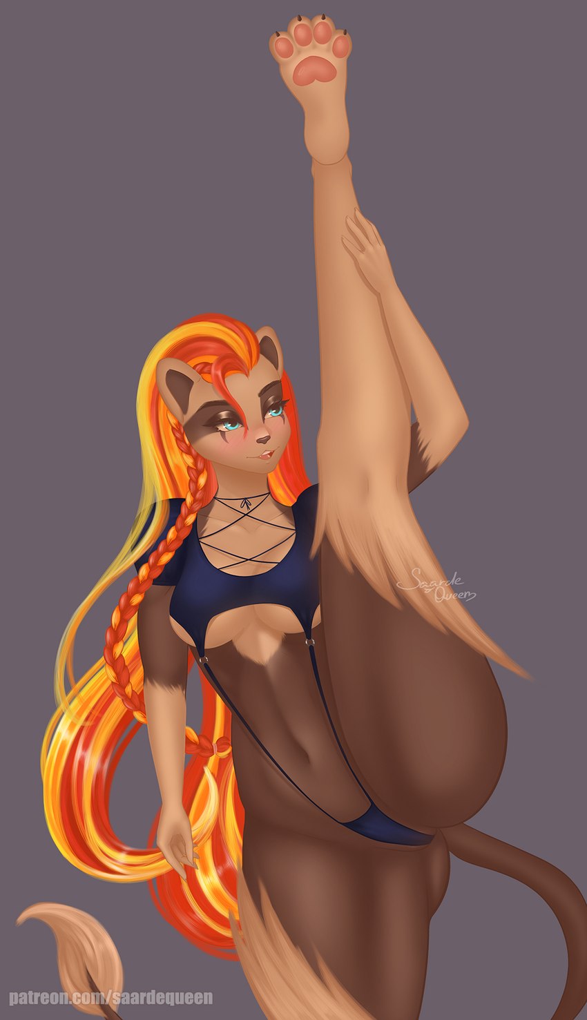 anthro blue_eyes clothed clothing female fur gymnastics hair navel on_one_leg one_leg_up open_mouth pawpads paws raised_leg red_hair smile solo spread_legs spreading standing stretching tail transformation saardequeen nintendo pokemon felid feline generation_6_pokemon mammal pantherine pokemon_(species) pyroar hi_res