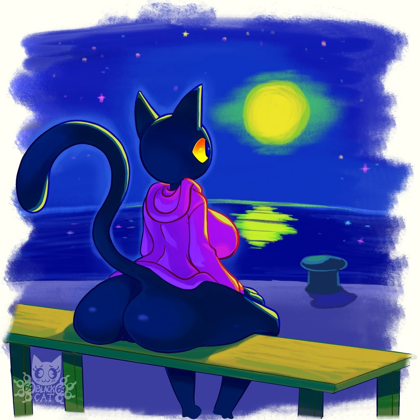 anthro barely_visible_genitalia barely_visible_pussy bench big_tail bottomless clothed clothing female full_moon genitals hoodie looking_at_moon moon night on_bench purple_clothing purple_hoodie purple_topwear pussy seaside sitting sitting_on_bench sky solo star starry_sky tail topwear 69blackcat69 olive_(69blackcat69) domestic_cat felid feline felis mammal 1:1 hi_res